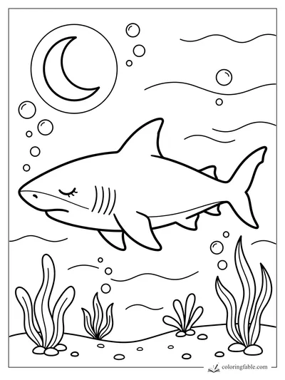 Sleepy shark swimming past bubbles, seaweed, and a crescent moon underwater