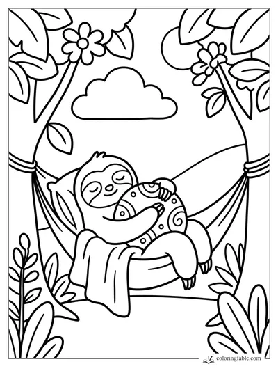 Sleepy sloth cuddling a swirly pillow in a hammock between leafy trees and flowers