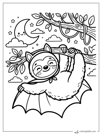 Kawaii sloth in a bat costume hanging from a branch under a smiling moon and stars