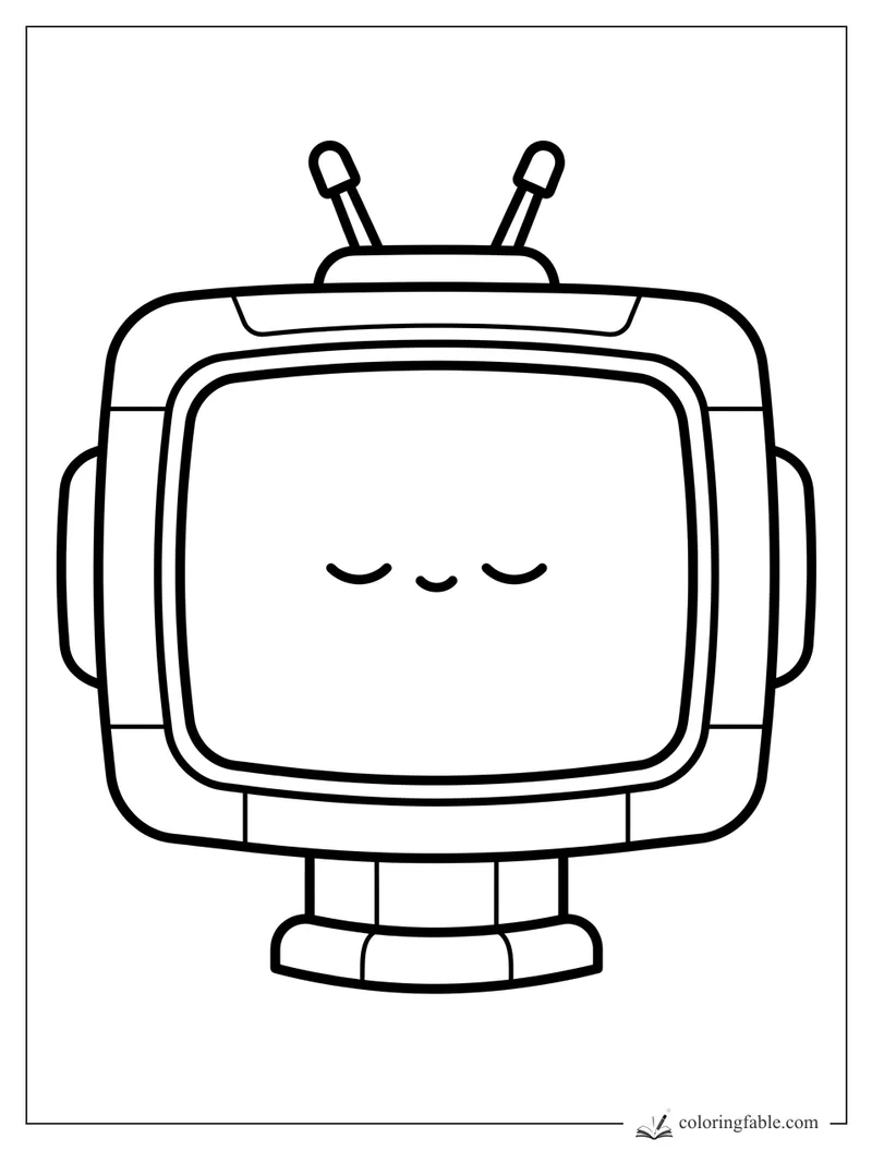 Minimalist cute robot with closed eyes, side panels, two antennas, and tiny feet coloring page