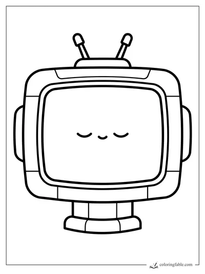 Minimalist cute robot with closed eyes, side panels, two antennas, and tiny feet coloring page