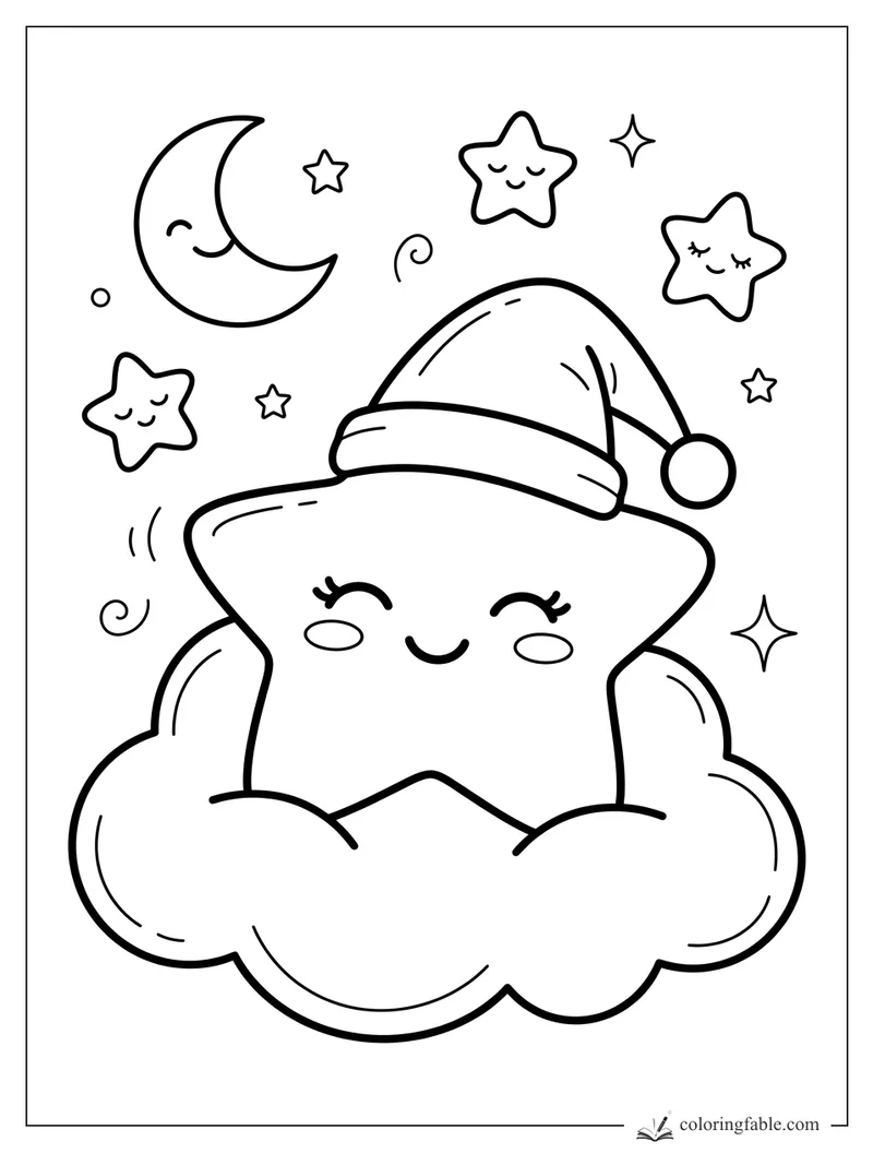 Kawaii smiling star in a nightcap resting on a cloud with crescent moon and small sleeping stars