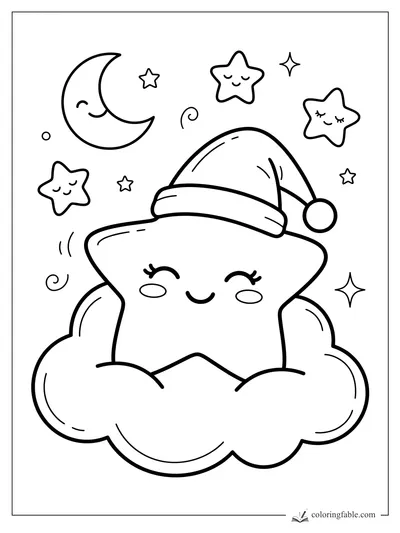 Kawaii smiling star in a nightcap resting on a cloud with crescent moon and small sleeping stars