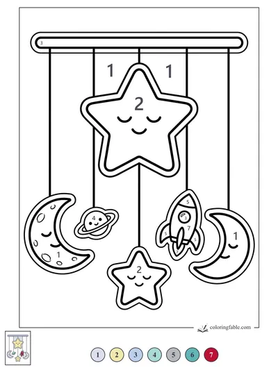 Sleepy Star Mobile with Rocket and Moons — color by number