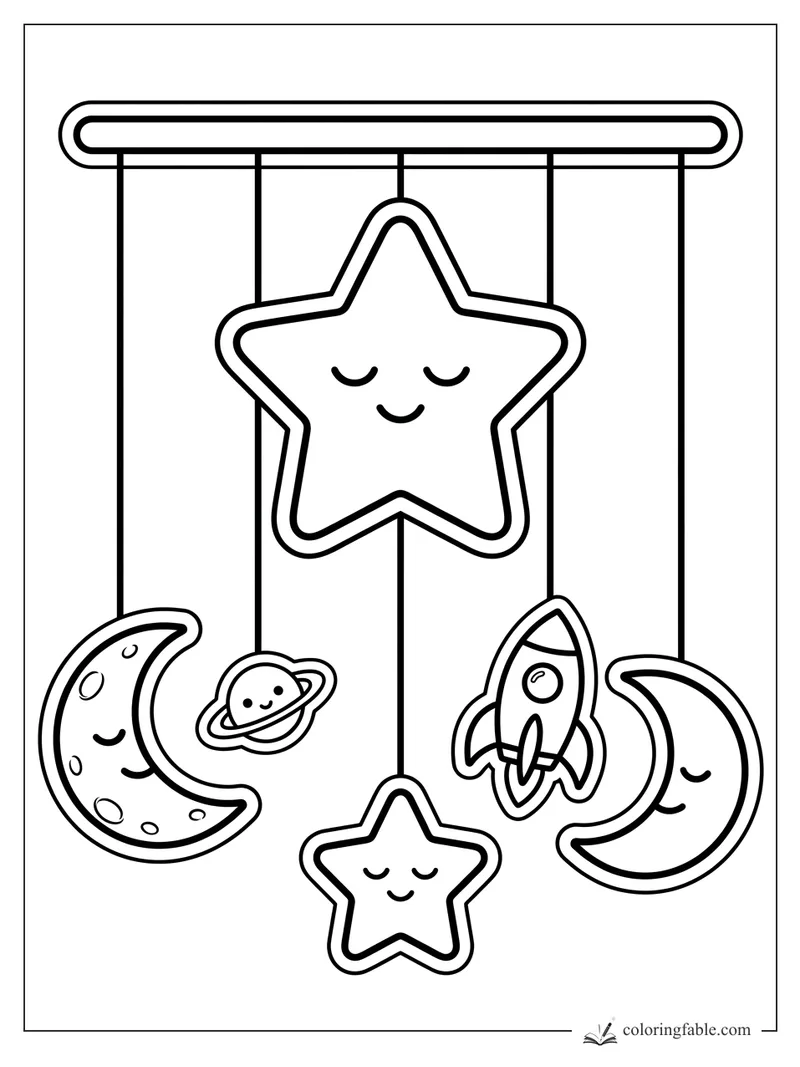Sticker-style star mobile with sleepy stars, crescent moons, a rocket, and a tiny ringed planet