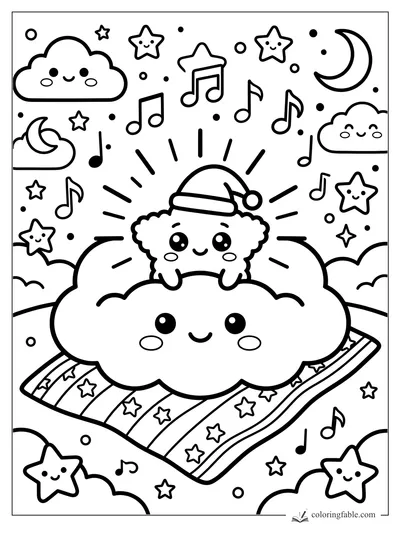 Kawaii sleepy star in a nightcap riding a smiling cloud over a striped starry quilt with music notes