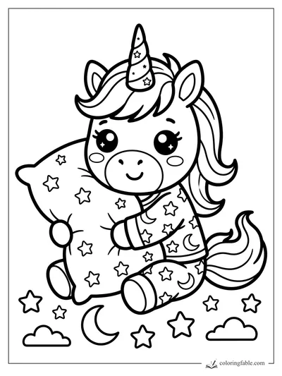 Kawaii unicorn in star pajamas hugs a pillow with stars, moon, and clouds around it.