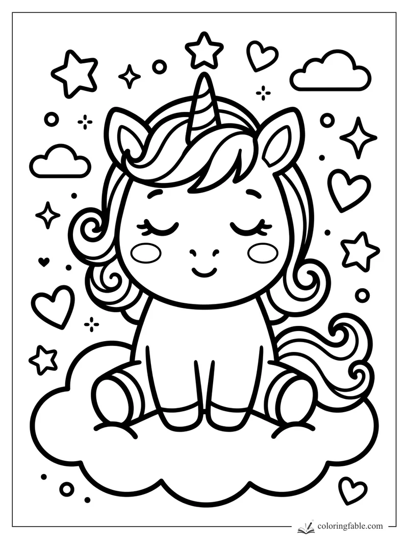 Cute sleepy unicorn sitting on a cloud, surrounded by stars, hearts, tiny clouds, and sparkles.