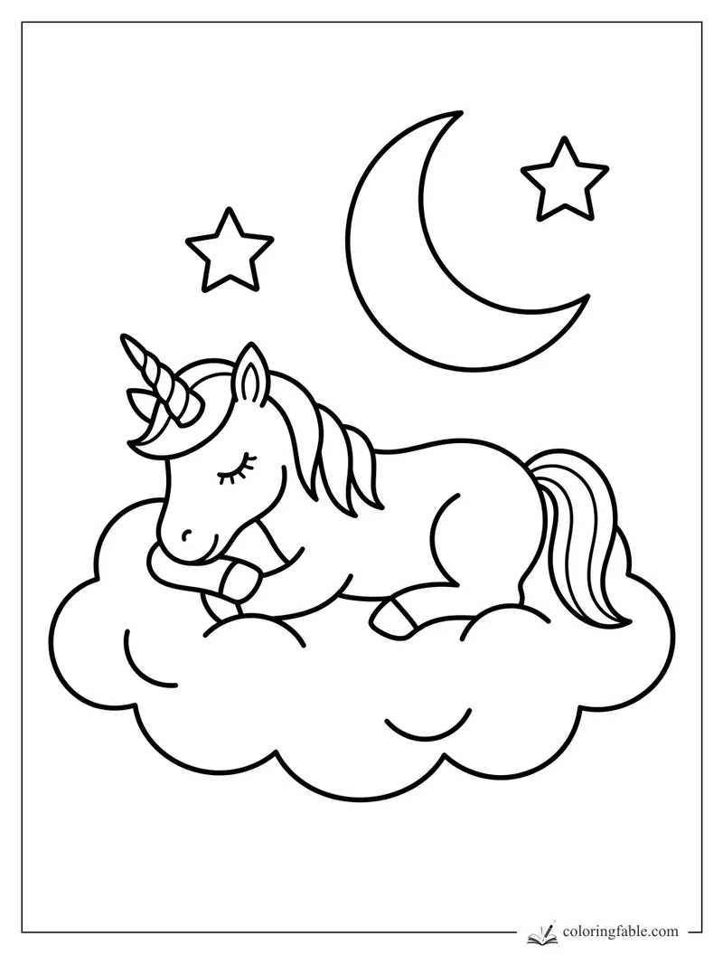 Sleepy unicorn resting on a fluffy cloud under a crescent moon and two stars