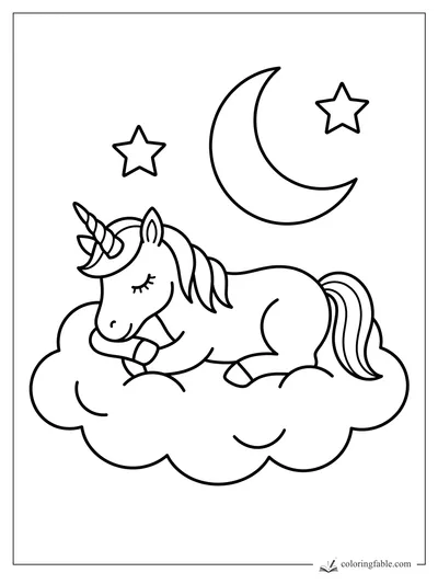 Sleepy unicorn resting on a fluffy cloud under a crescent moon and two stars
