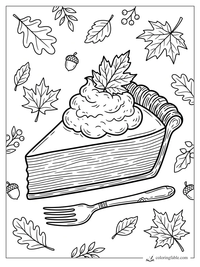 Coloring page of a pie slice with whipped cream, maple leaves, acorns, berries, and a fork.