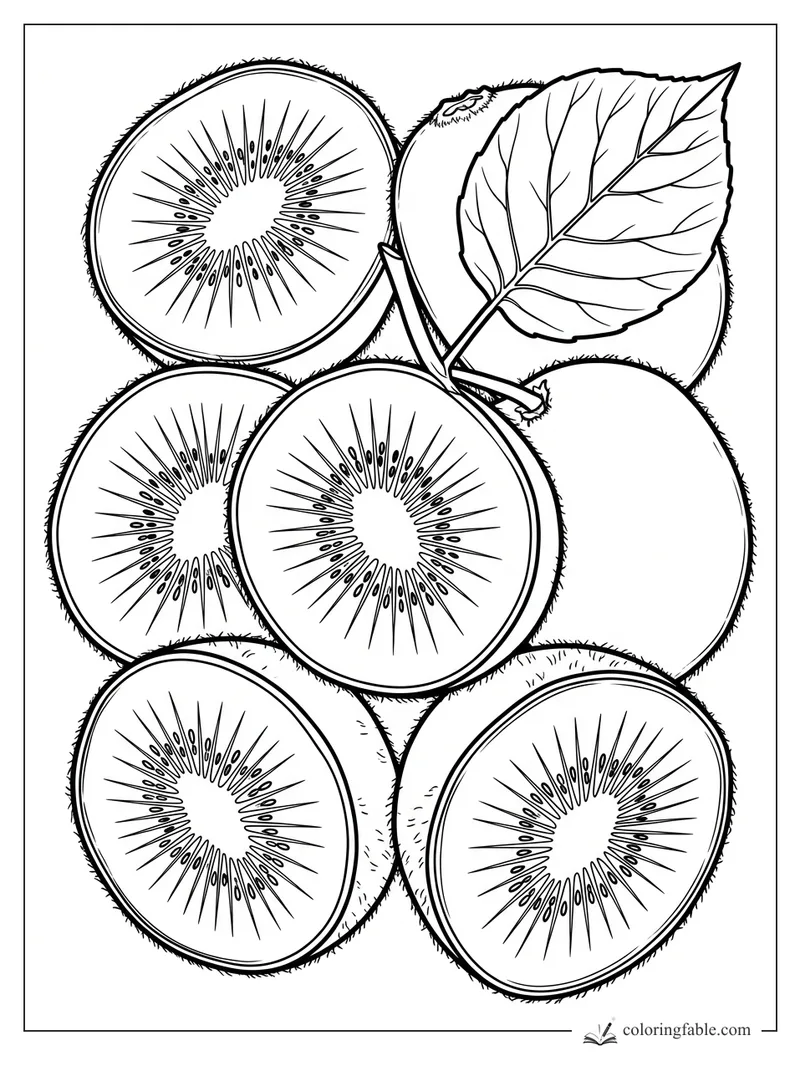 Realistic kiwi fruit coloring page with sliced centers, fuzzy skins, seeds, stems, and one large leaf.