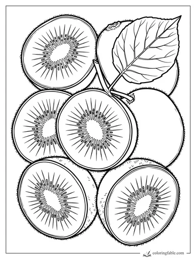 Realistic kiwi fruit coloring page with sliced centers, fuzzy skins, seeds, stems, and one large leaf.