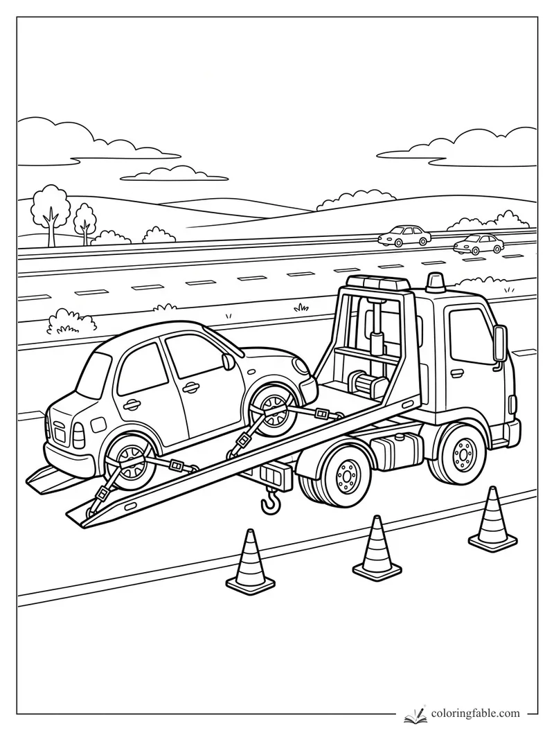 Cartoon small car strapped onto a tow truck ramp beside highway cones and rolling hills