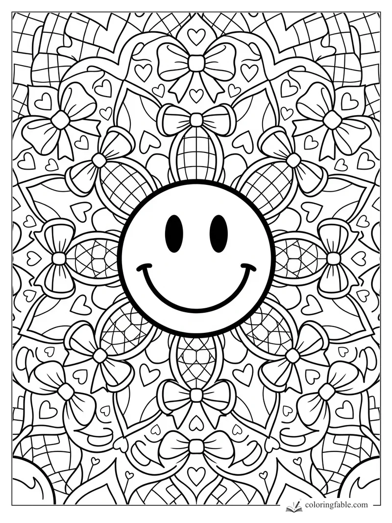 Intricate preppy mandala with a smiling face, plaid bows, hearts, and ribbon-like patterns.