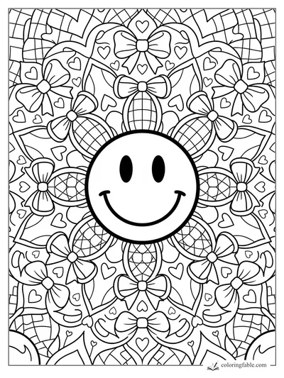 Intricate preppy mandala with a smiling face, plaid bows, hearts, and ribbon-like patterns.