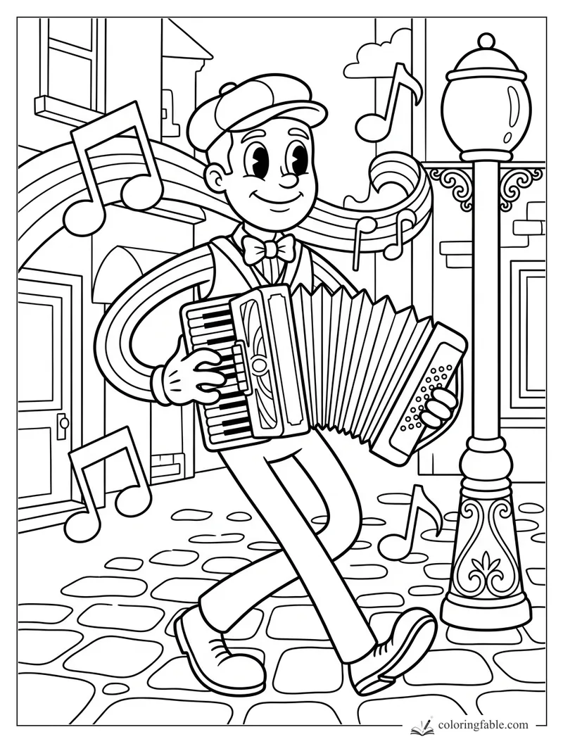 Retro accordion player walking past a lamppost, café windows, cobblestones, and floating music notes.