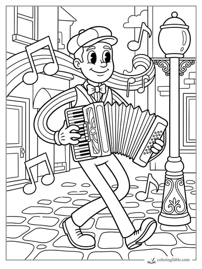 Retro accordion player walking past a lamppost, café windows, cobblestones, and floating music notes.
