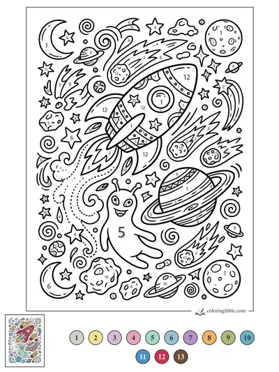 Smiling Alien Beside a Star-Covered Rocket — color by number