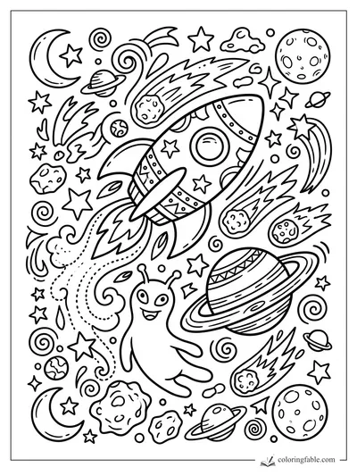 Doodle rocket flying through stars, meteors, planets, moons, and a smiling alien in space
