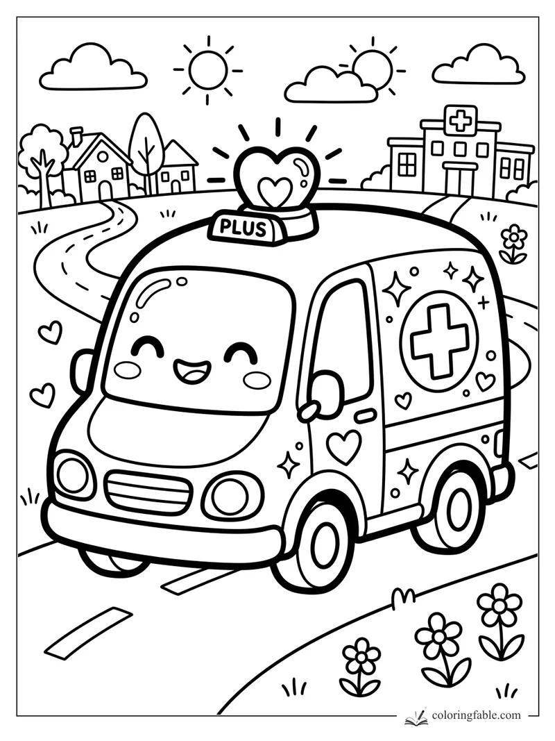 Kawaii ambulance with heart siren driving past houses toward a hospital on a sunny road