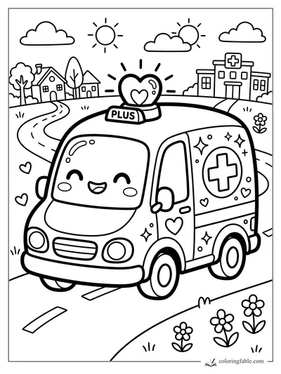 Kawaii ambulance with heart siren driving past houses toward a hospital on a sunny road