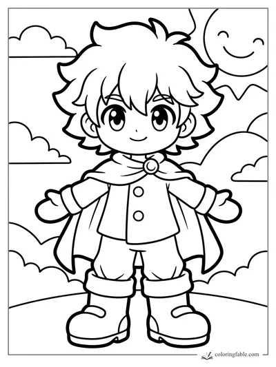 Easy anime boy in a cape with open arms, fluffy clouds, and a smiling sun