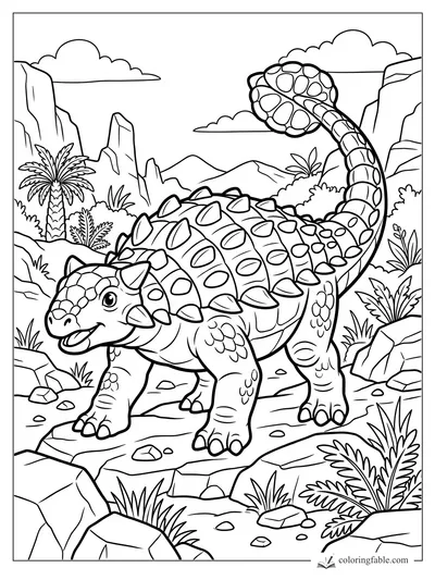 Cartoon ankylosaurus with a club tail walking through rocks, ferns, palms, cliffs, and clouds.