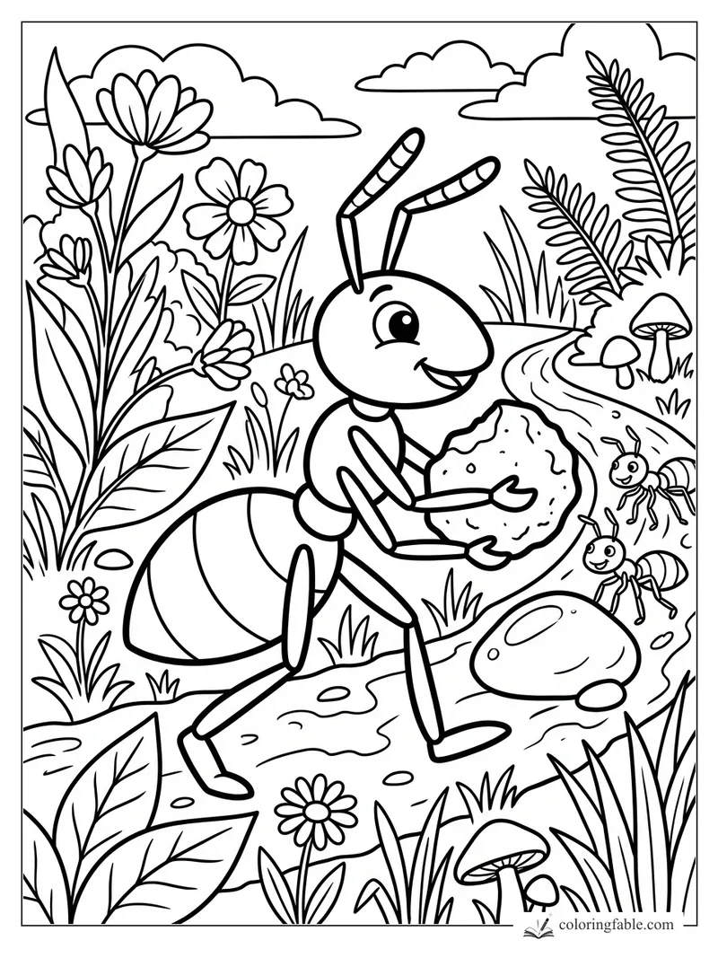 Smiling ant carries a crumb on a winding garden path with flowers, mushrooms, clouds, and two tiny ants.