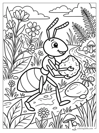 Smiling ant carries a crumb on a winding garden path with flowers, mushrooms, clouds, and two tiny ants.