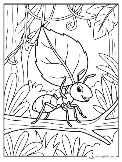 Cartoon ant smiling while carrying a large leaf on a jungle branch with vines and plants