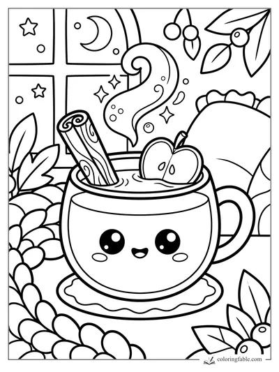 Kawaii apple cider mug with cinnamon stick, apple slice, steam, berries, leaves, moon and stars in a window.