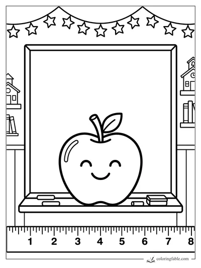 Smiling apple on a classroom chalkboard ledge with chalk, books, star garland, shelves, and ruler border.
