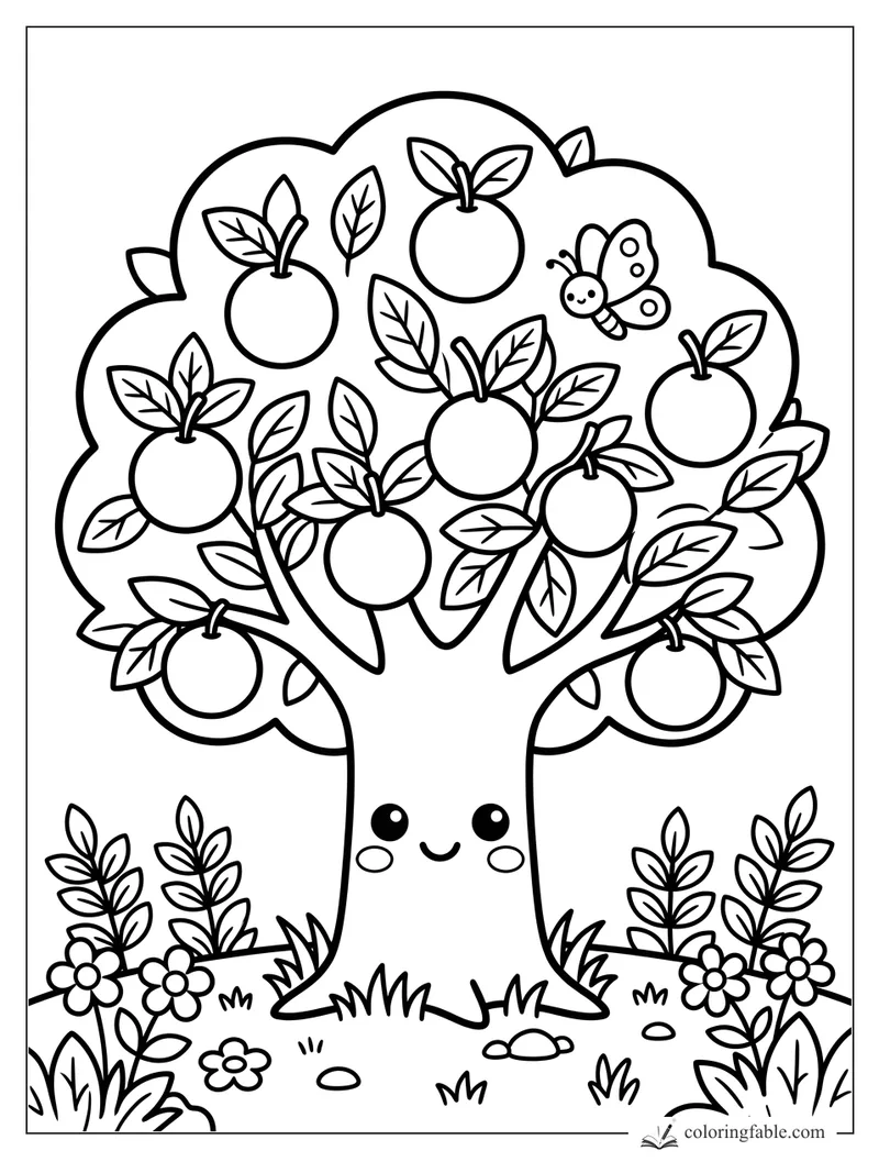 Kawaii apple tree with smiling face, many apples, leafy branches, flowers, grass, and a butterfly.