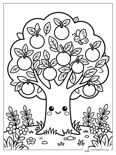Kawaii apple tree with smiling face, many apples, leafy branches, flowers, grass, and a butterfly.
