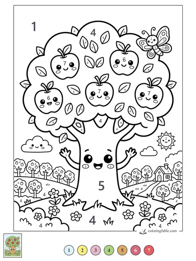 Smiling Apple Tree with Butterfly in the Orchard — color by number