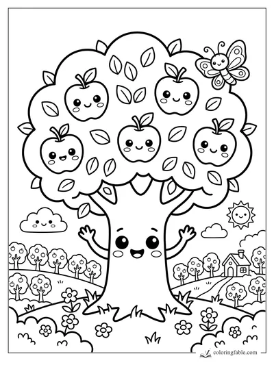 Kawaii apple tree with smiling apples, butterfly, sun, clouds, flowers, and orchard hills.