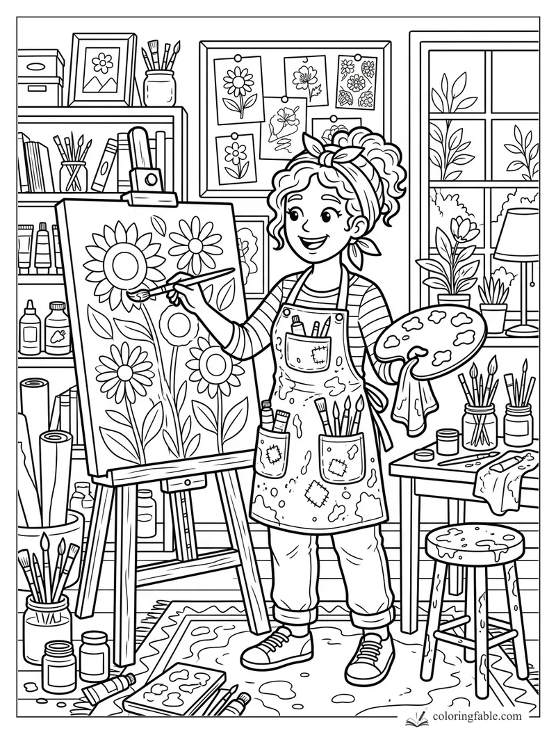 Cartoon girl artist painting daisies at an easel in a studio with brushes, palette, shelves, and window plants.