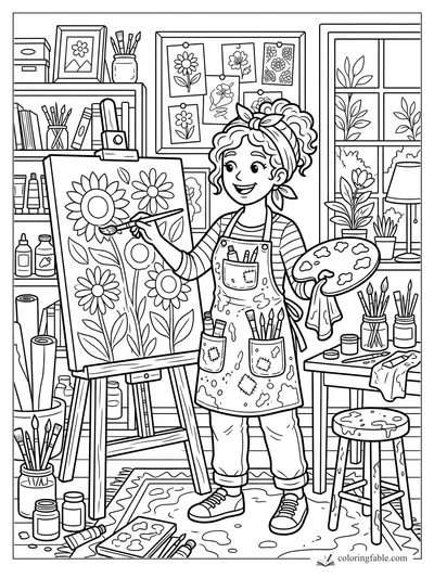 Cartoon girl artist painting daisies at an easel in a studio with brushes, palette, shelves, and window plants.