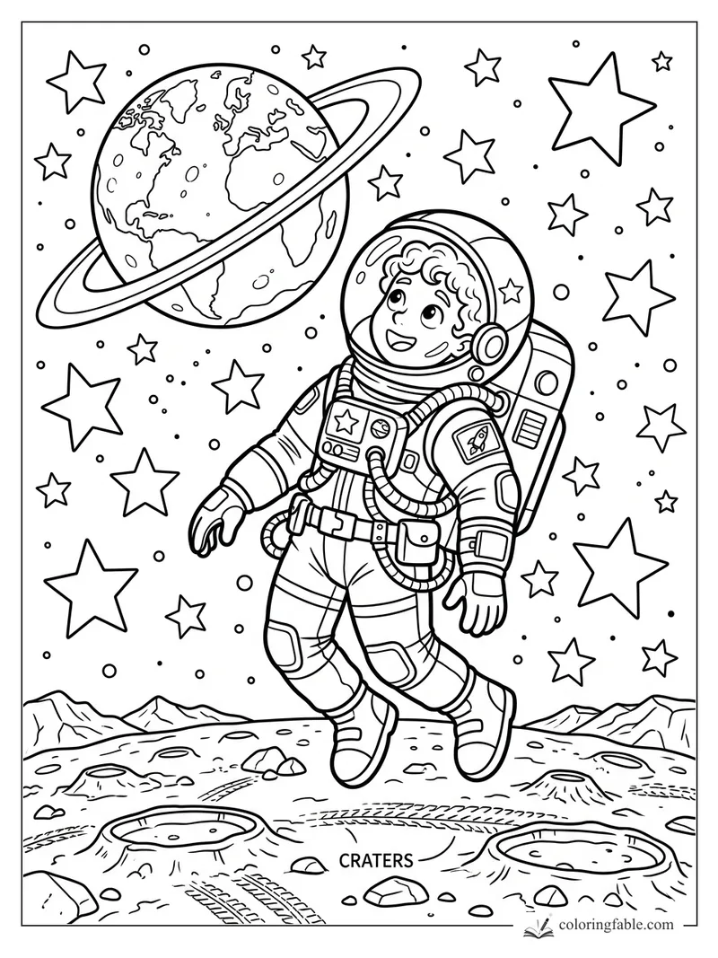 Cartoon astronaut floating over labeled craters, stars, mountains, and a ringed planet in space.