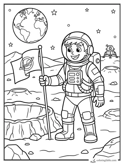 Cartoon astronaut holding a flag on a cratered moon with Earth, stars, and a lunar lander behind him.
