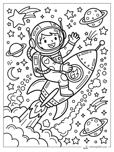 Cartoon astronaut waving while riding a rocket among stars, planets, comets, moon, and clouds.