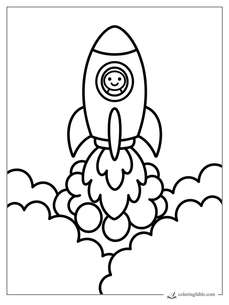 Bold easy rocket blasting off through clouds with a smiling astronaut in the round window