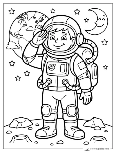 Smiling astronaut salutes on the moon with Earth, stars, rocks, and a crescent moon behind.