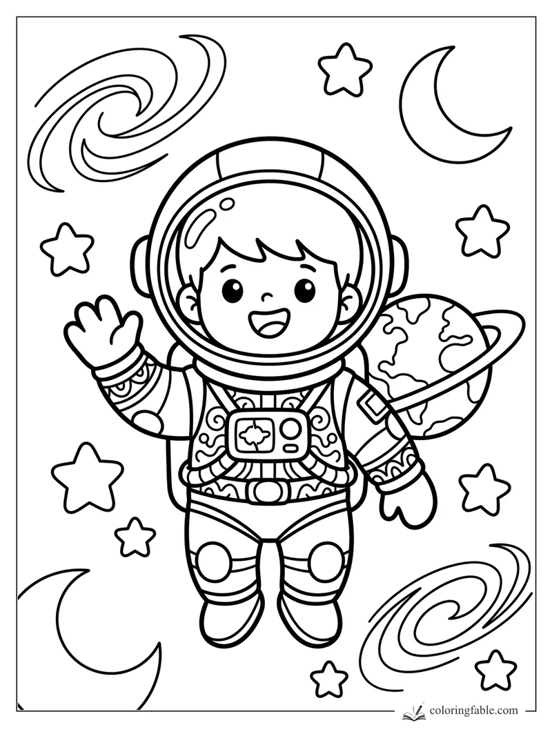 Cozy astronaut waving in space with ringed planet, crescent moons, stars, and spiral galaxies