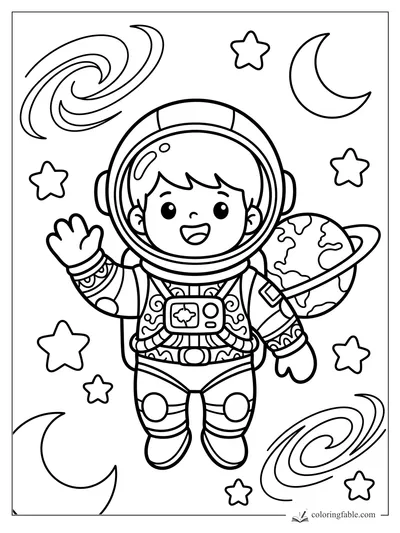 Cozy astronaut waving in space with ringed planet, crescent moons, stars, and spiral galaxies
