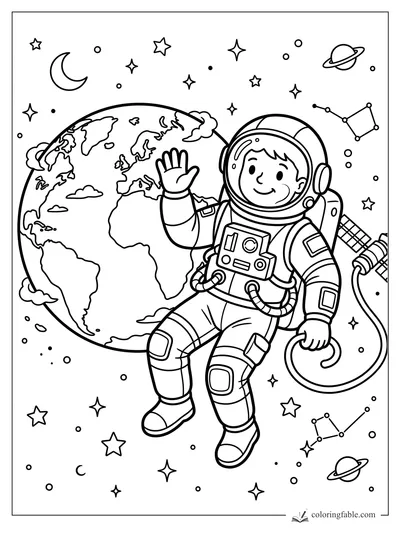 Cartoon astronaut waving in space beside Earth, stars, planets, constellations, and a satellite