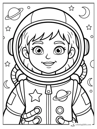 Cartoon astronaut girl smiling in a helmet, with stars, crescent moons, and ringed planets around her.