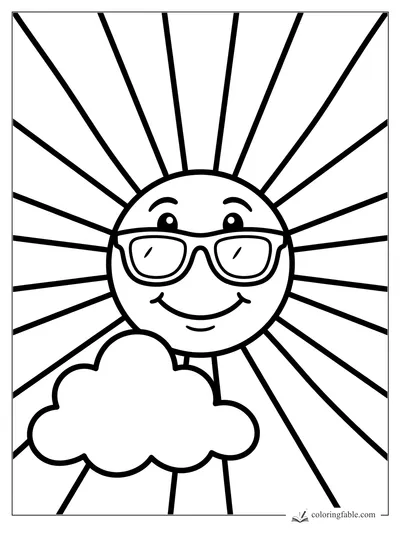 Bold coloring page of a smiling sun wearing glasses, with long rays and one puffy cloud.
