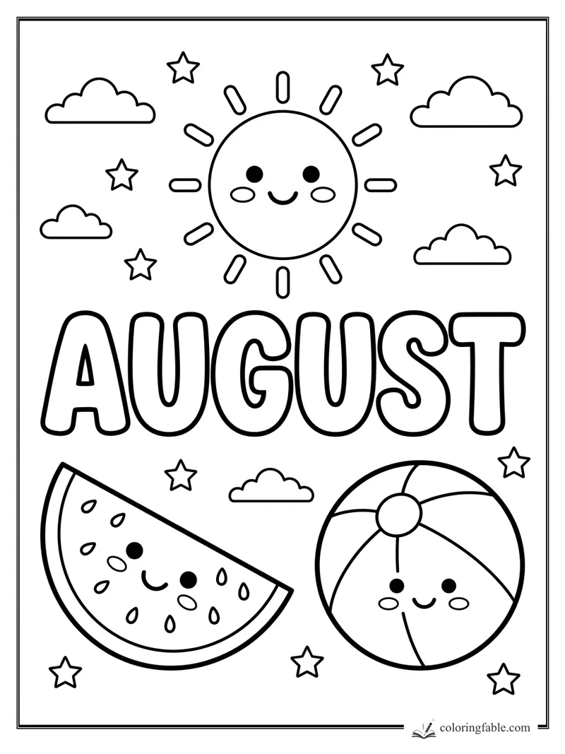 August coloring page with smiling sun, clouds, stars, watermelon slice, beach ball, and big bubble letters.